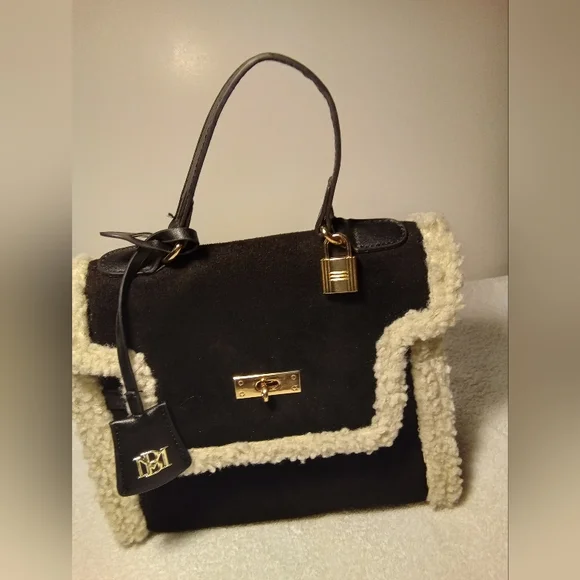 Badgley Mischka Black Satchel with Cream Shearling Trim - Picture 1 of 7